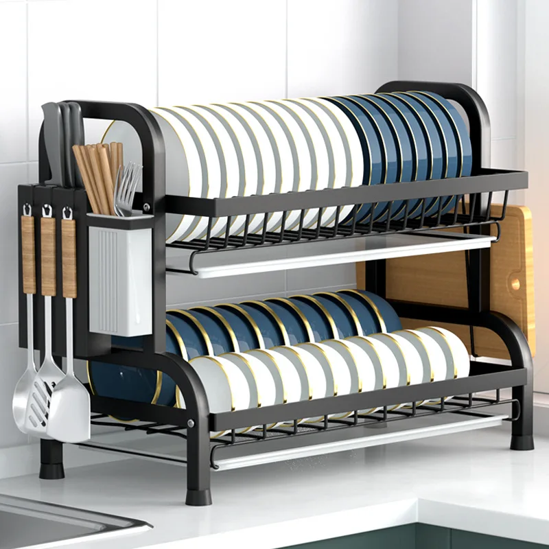 Kitchen Cabinet Organizer Dish Rack 2 Tier White  Metal Dish Rack With Tray