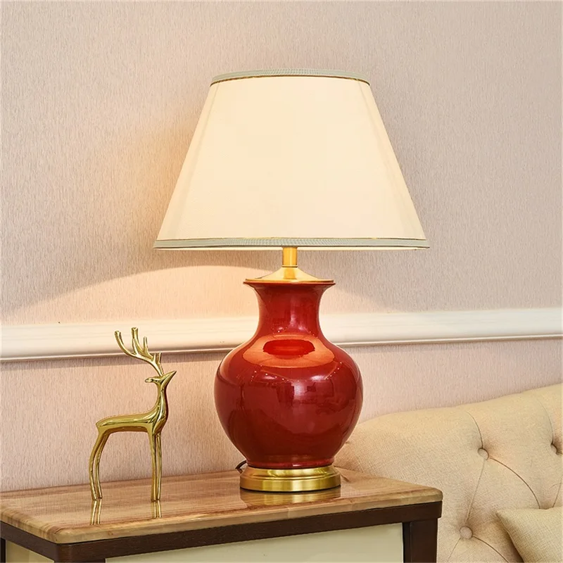 Hot sale Ceramic Table Lamps Red Luxury Brass Desk Light 220V 110V Fabric for Home Living Room Dining Room Bedroom Office