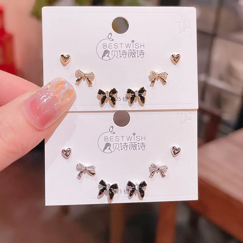 FanYue custom 2024 high quality 14K real gold plated copper zircon bow knot oil drip heart 3 pairs/set earrings set for women