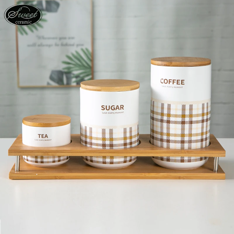 Wholesale  kitchen decorations ar 3pcs set Tea Coffee Sugar Storage Jar Ceramic Coffee Canister With Bamboo Wood Lid gift