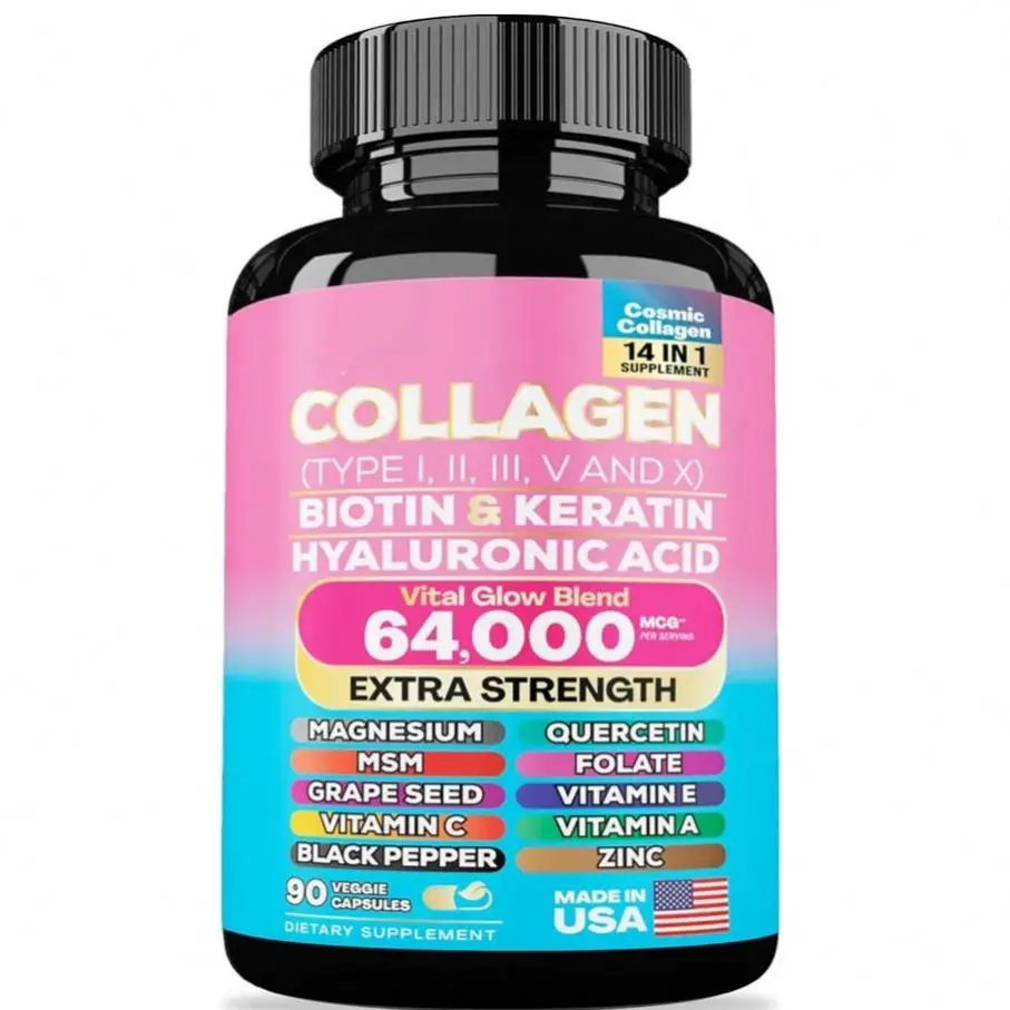 Hot Sale Collagen Capsule Peptides Types I, II, III, V X 64,000 MCG with Hyaluronic Acid 90