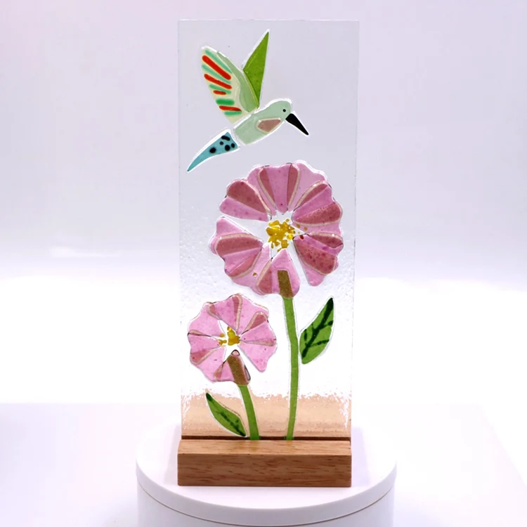 High Quality Handmade Fused Glass Flower Figurine Ornament With Wooden Base
