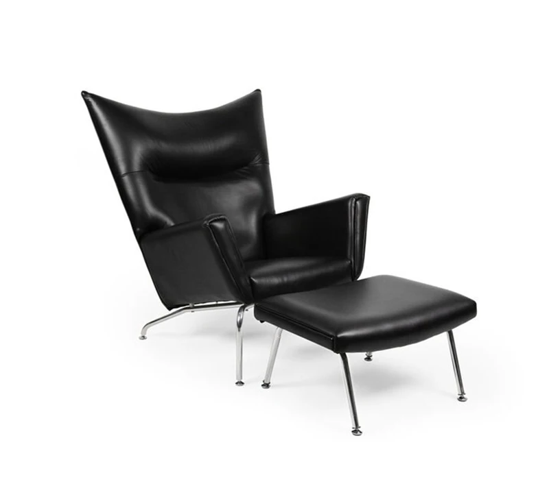 High back wing chair in leather mid century furniture