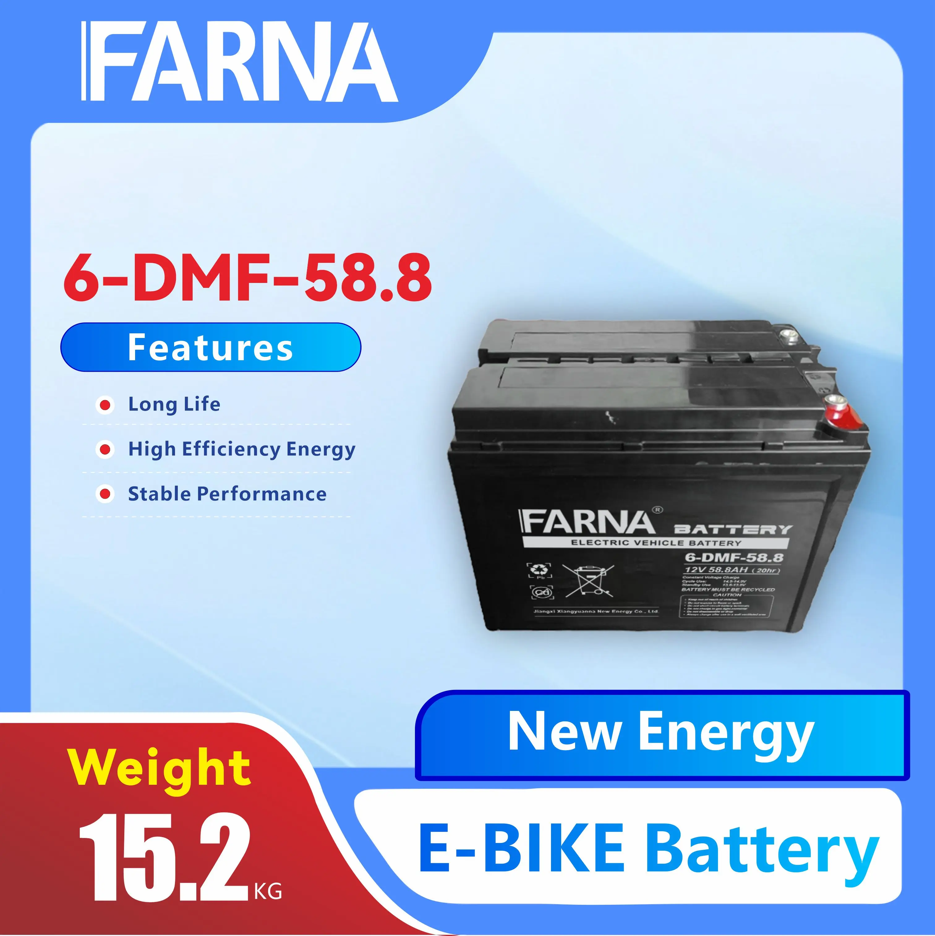 New Material 6-DMF-58.8 Lead Acid Battery 12V 58.8ah Free Maintenance for Lighting Boats Consumer Electronics Electric Bicycles