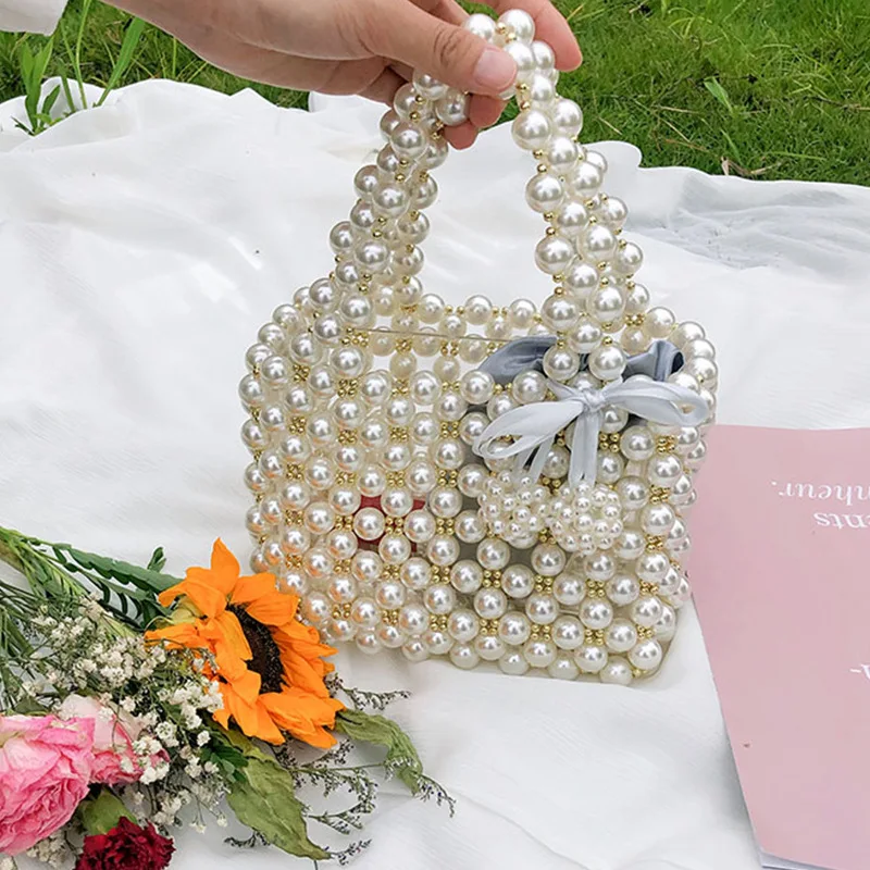 New Arrival Elegant Pearl Handle Acrylic Box Inside Handmade Pearl Bead Clutch Bag beaded Clutch Bag Purse Handbag