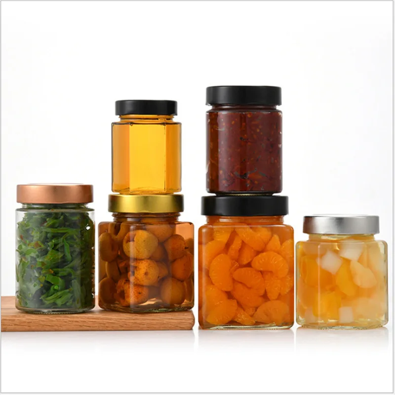 new design wholesale price hexagon cylinder square glass jam jars with lid jam bottle glass jar