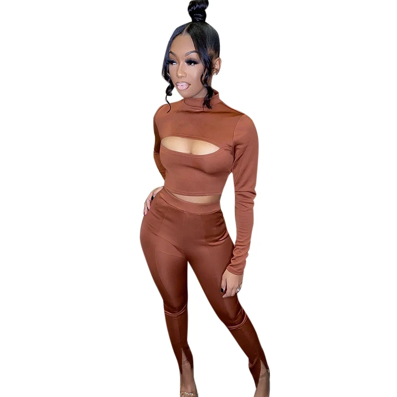 Оптовая продажа с фабрики, Высококачественная Женская одежда с логотипом на заказ, короткий топ с длинным рукавом, сексуальный комплект из 2 предметов штанов для женщин