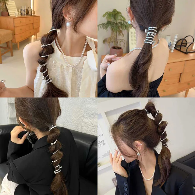 Colorful Pearl Phone Cord Wire Hair Bands Waterproof Hair Coils No Damage Kids Girls Telephone Straight Spiral Hair Ties