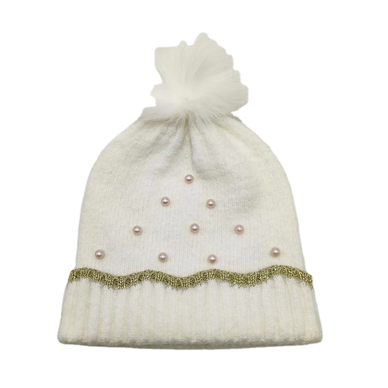 ALLCH Kids Winter Fashion Knitted With Pearls Lurex Edge Cuff Fur Pompom Beanie Hat