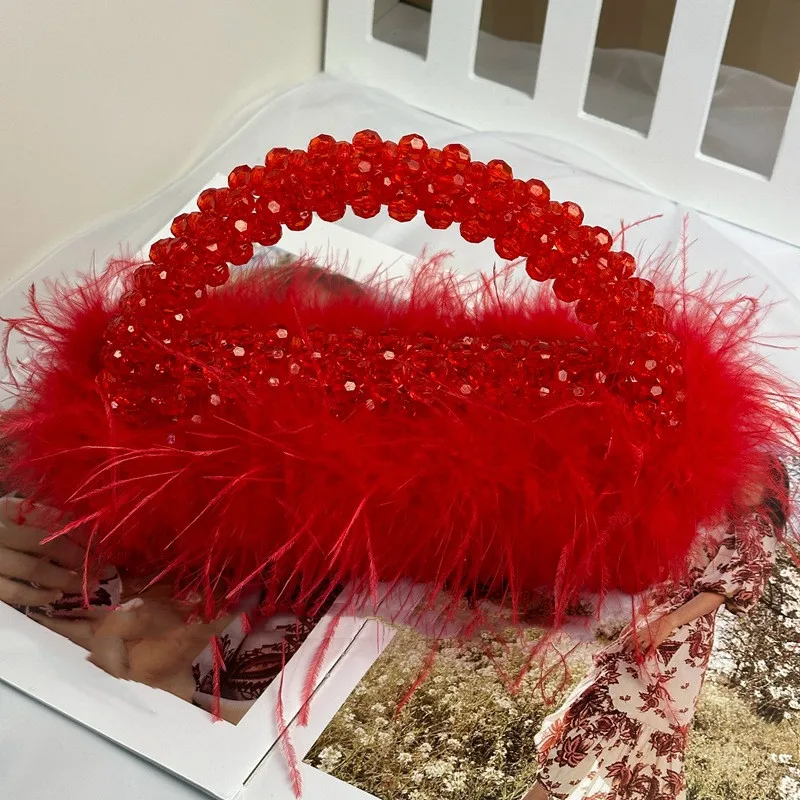 Autumn Winter Fashion Women Ladies Sequin Feather Clutch Wedding Handmade Beaded Bag Dinner Bags Clutch Stylish Feather Handbag