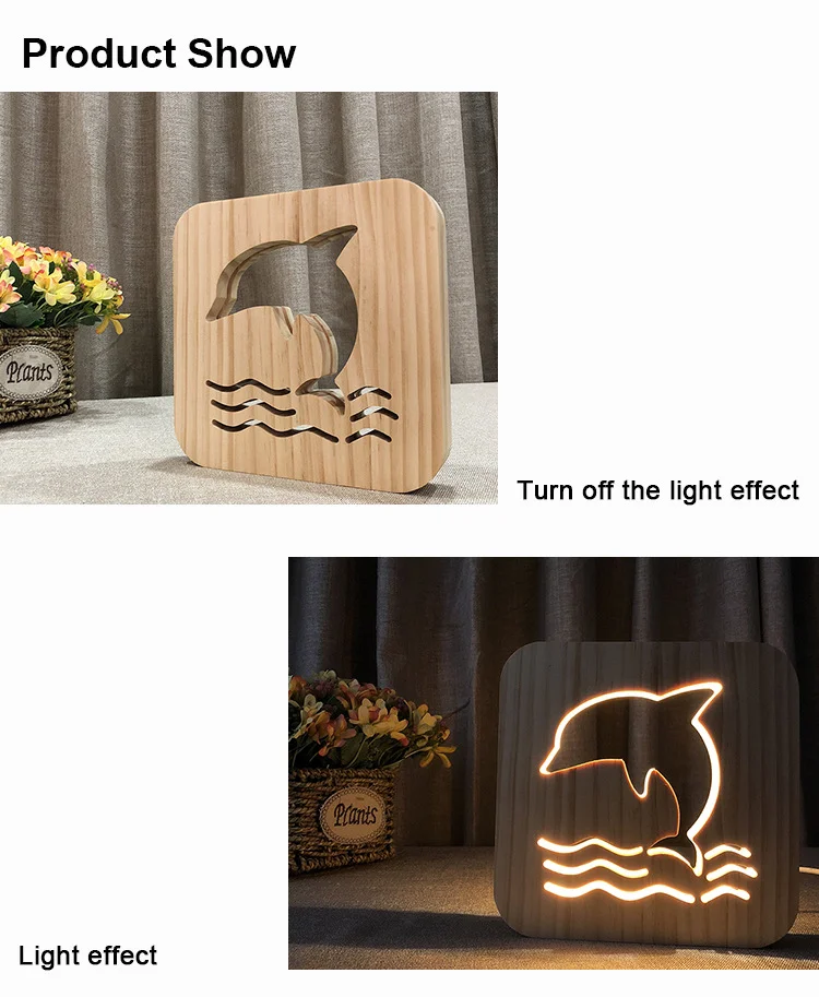 Деревянная лампа в виде дельфина 15*15*3 см 3D USB светодиодный настольный светильник с переключателем резьба по дереву на Рождество
