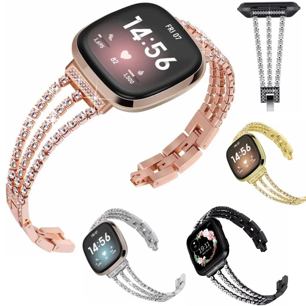Luxury Diamond smart watch strap for fitbit versa Smartwatch Metal strap Stainless steel fashion chain replacement wristband