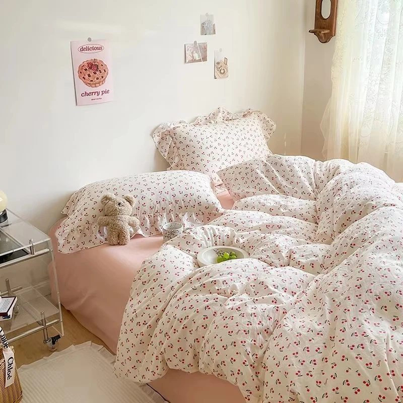 Pastoral Style Floral Bedding Set For Girls Double Size Flat Sheet Duvet Cover and Pillowcase Soft Bed Linen Home Textiles