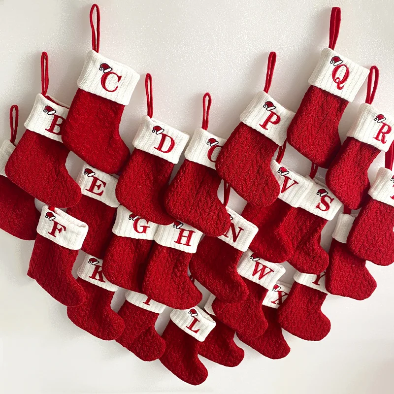 2024 Red Knitted Christmas Stocking - Classic Snowflake & Alphabet Design A-Z