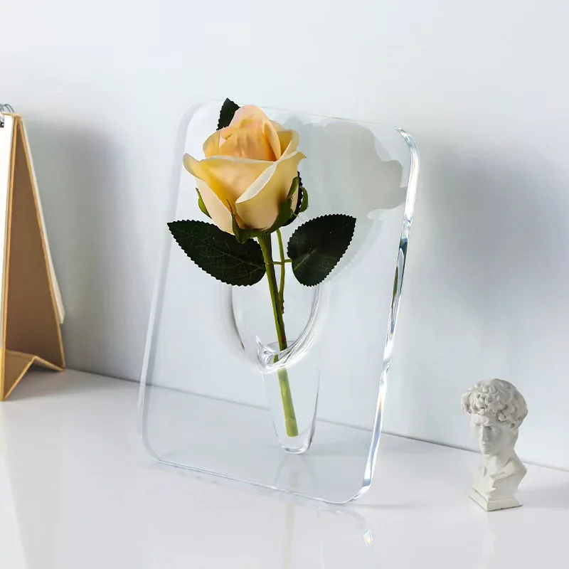 Clear Acrylic Photo Frame Vase Minimalist and Artistic Rectangle Flower Vase for Centerpieces