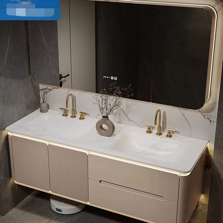 Bathroom Furniture Set Design Wall Hung Wooden Wholesale Price Modern Hotel Plywood Bathroom Vanities with Led Mirror Cabinet