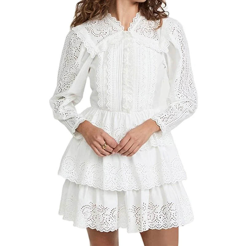 Intellectual V-neck lace eyelet pattern long sleeve pleated skirt layered mini cake skirt