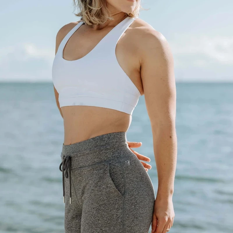 2024 Bright White Nylon Spandex Non Seen Through Slim Fitted Yoga Halter Neck Gym Padded Sport Bra Crop Top Backless Women