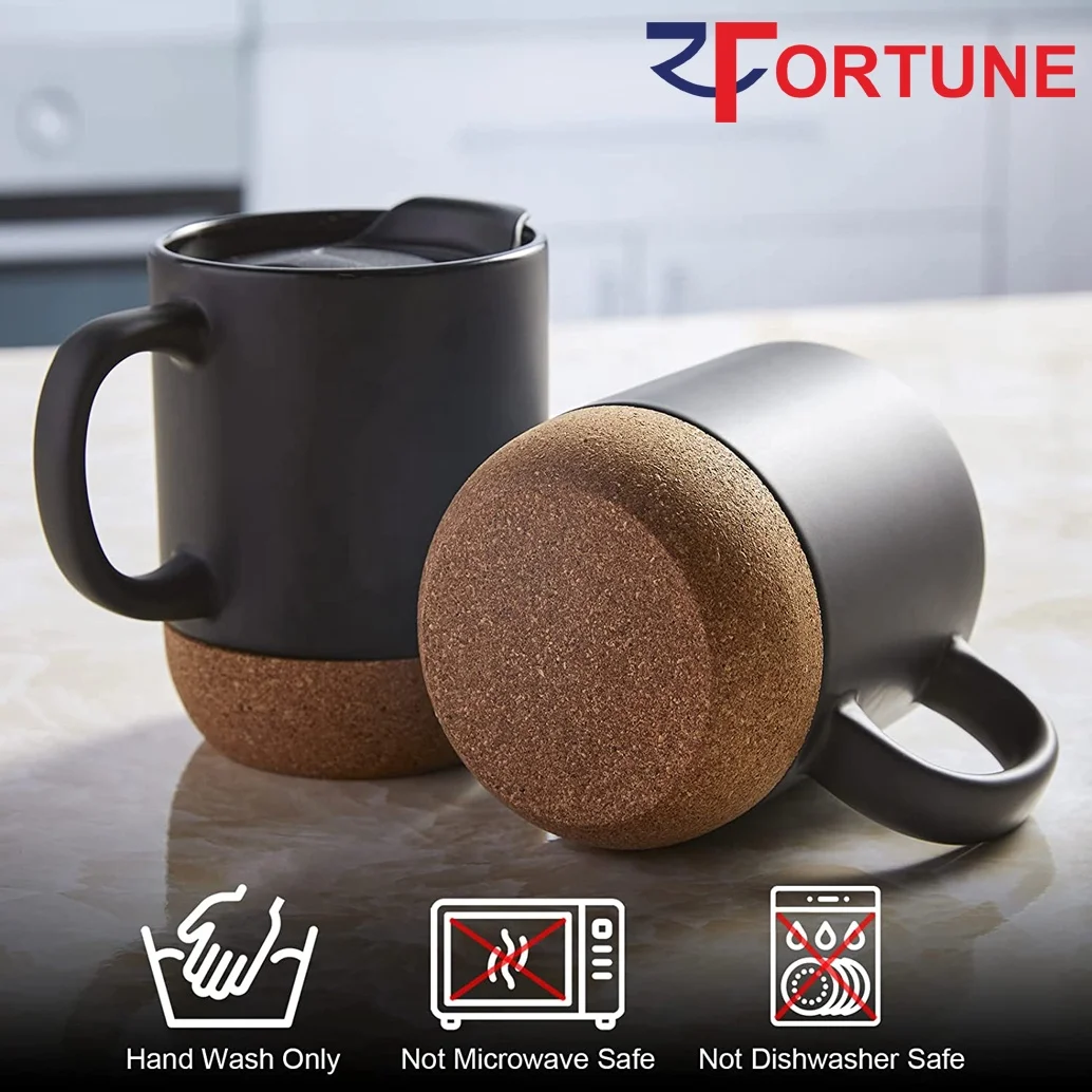 Wholesale Cork Base Ceramic Mugs High Quality Wooden Base Mugs 15oz Ceramic Mugs With Lids and Handle