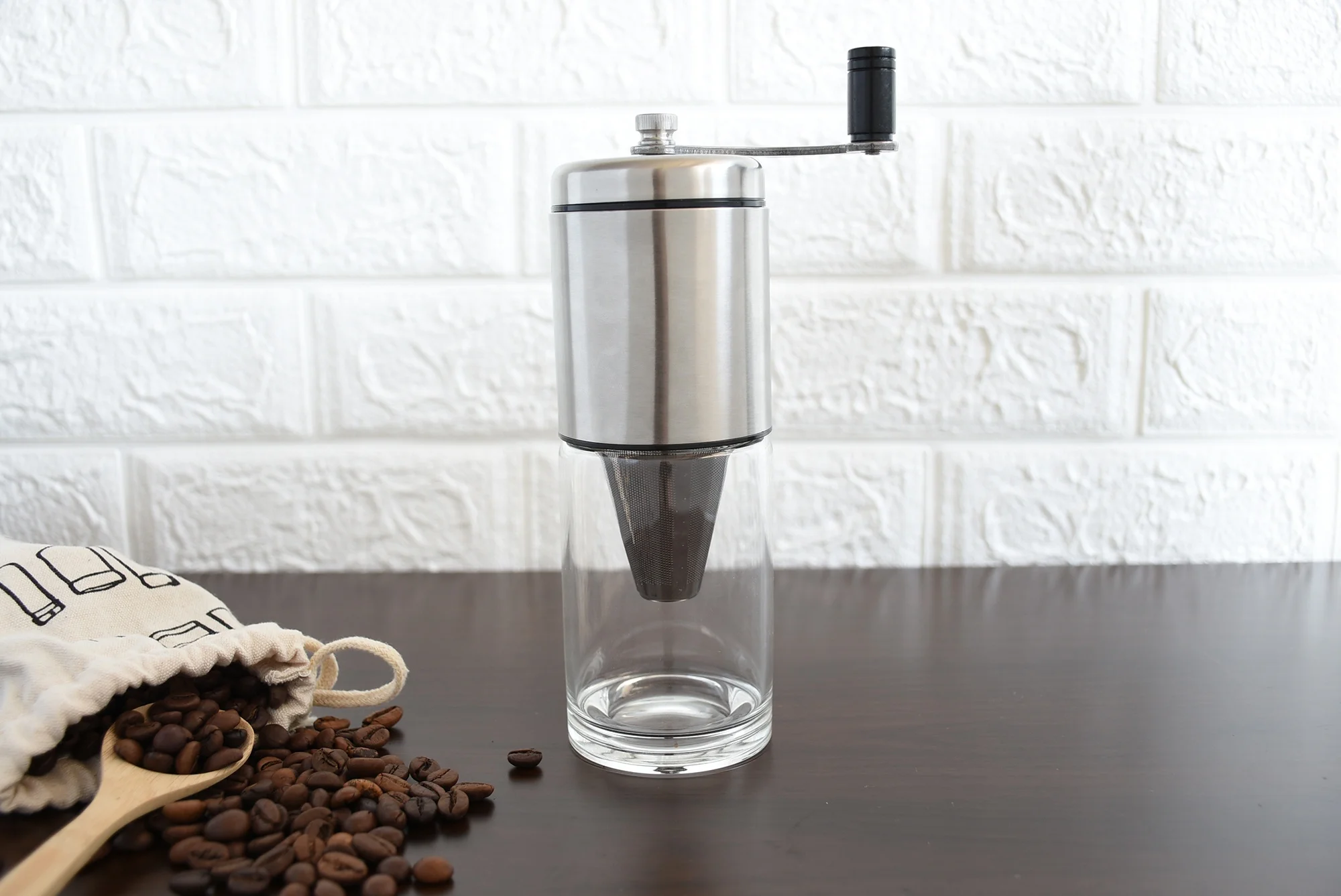 manual stainless steel  glass coffee grinder with funnel