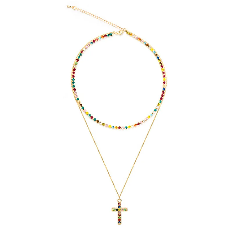 Fashion 18k Gold Chain Necklace Gold Cross Diamond Pendant Rhinestone Women Necklace