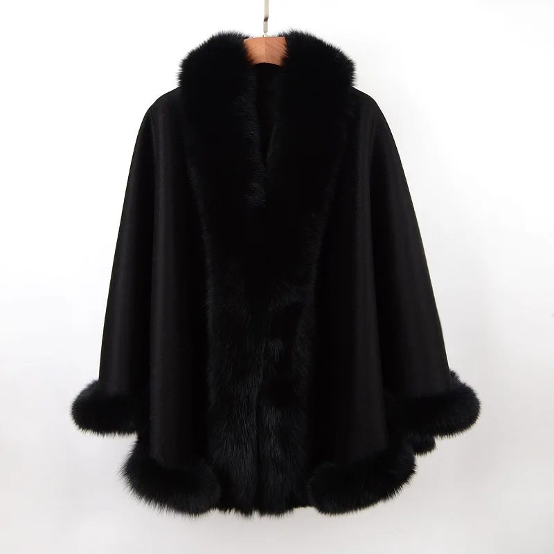 100% Cashmere Women Wool Knitted Poncho Women Winter Real Fox Fur Shawl
