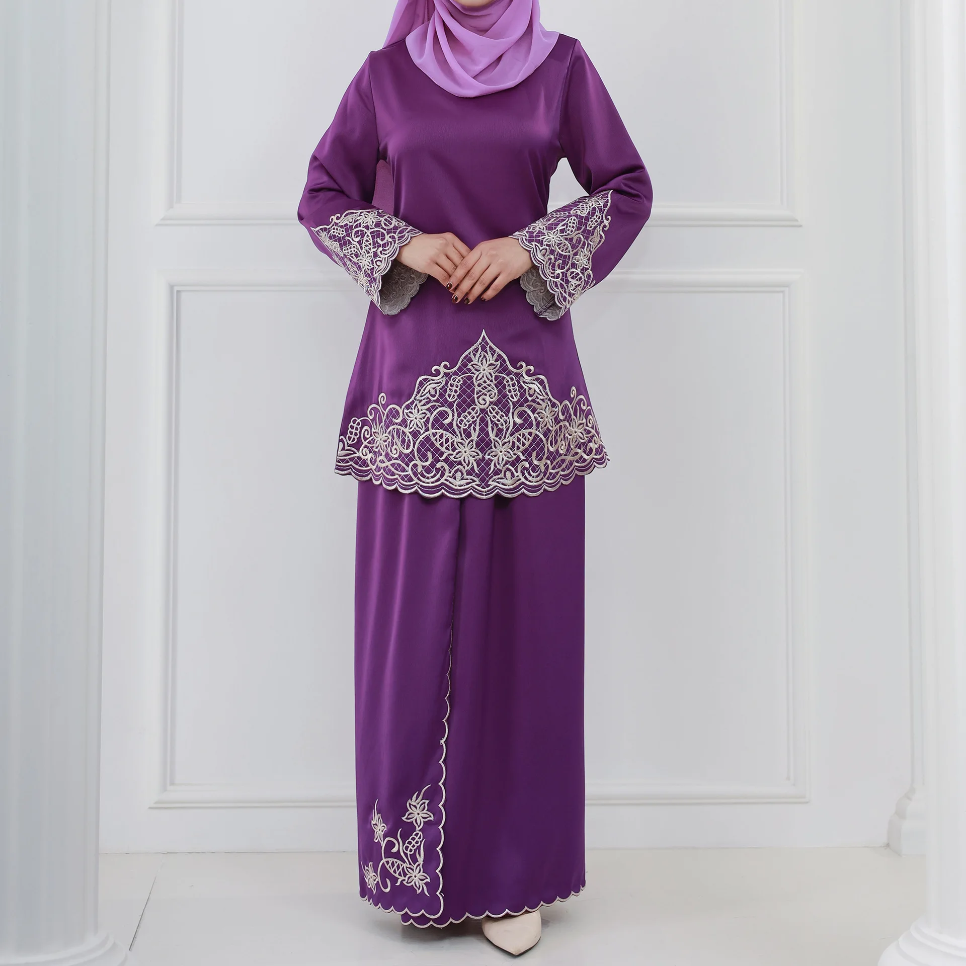Embroidered Middle East Two-piece Set arabic muslim dress malaysia islamic clothing Baju Kurung Muslim Dress 5