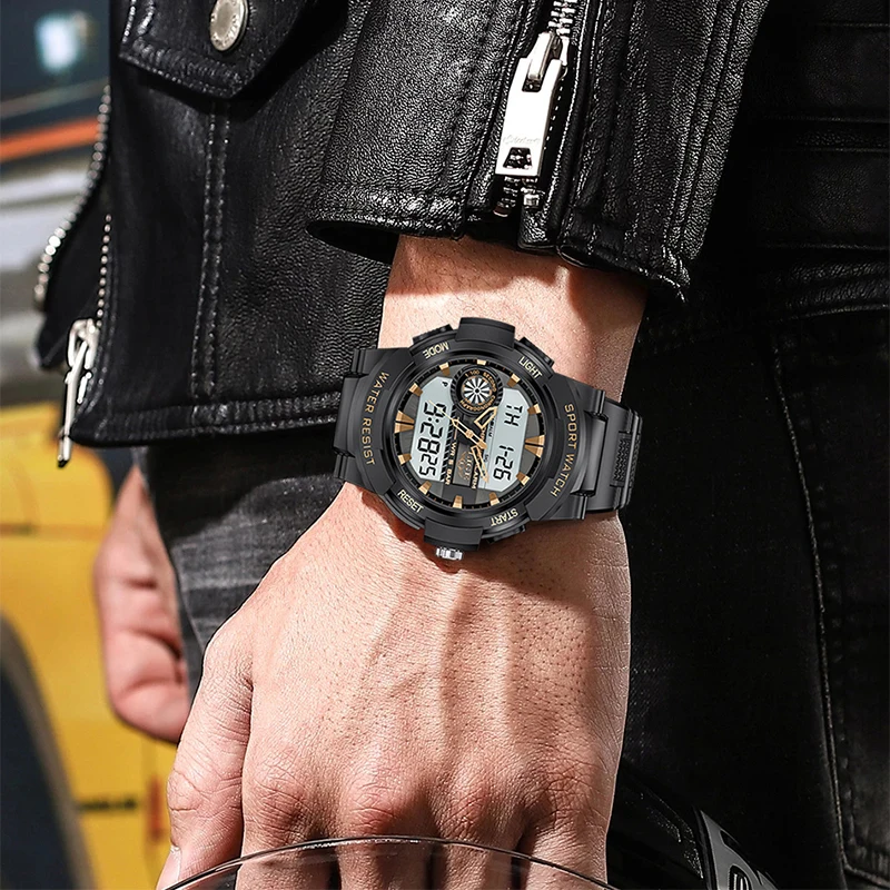 Часы наручные LIGE Мужские кварцевые, водонепроницаемые светодиодные спортивные цифровые с будильником, с коробкой, 50 м