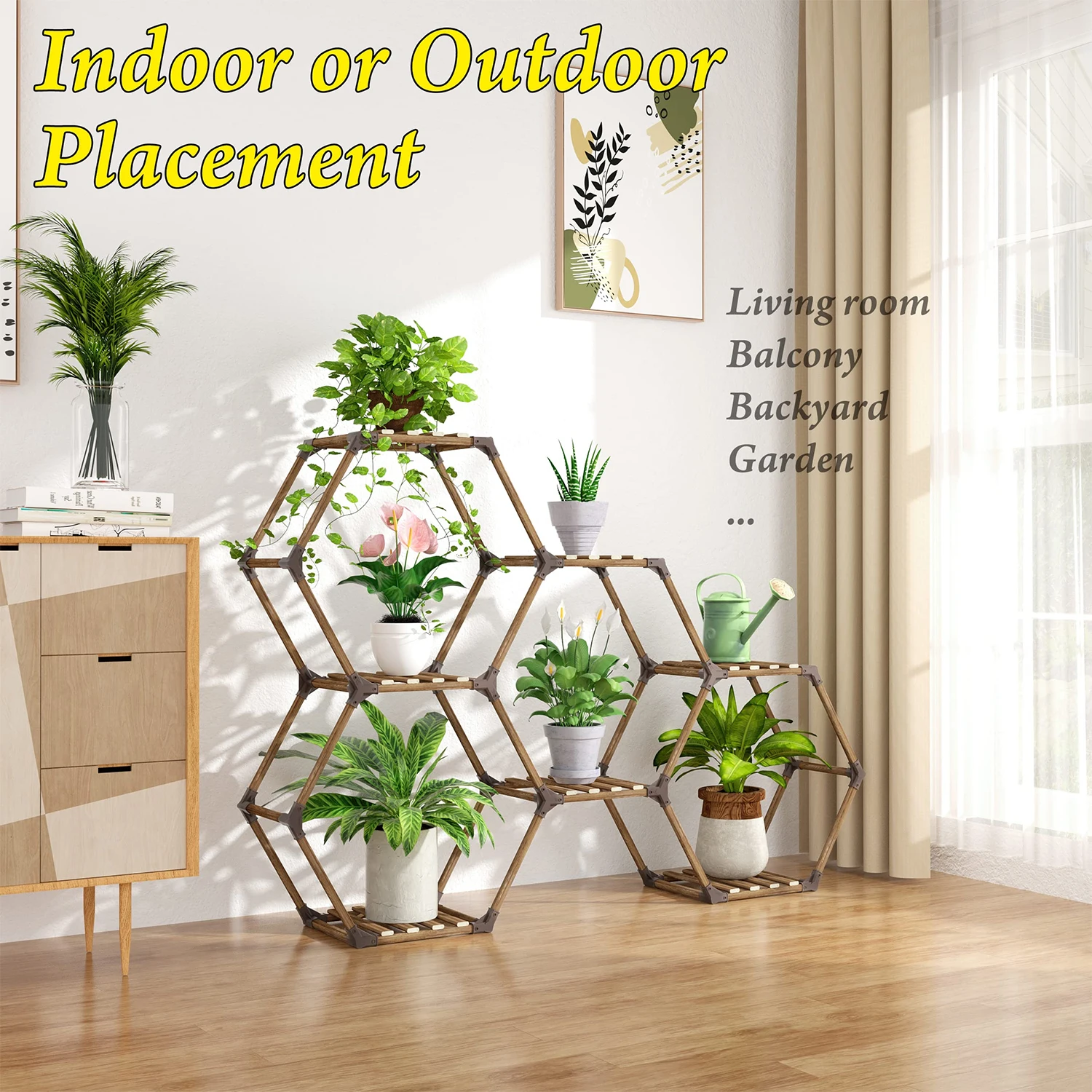 Indoor Outdoor Plant Shelf Large 7 Tiers Wooden Potted Holder Hexagonal Plant Stand For DIY Flower Stand