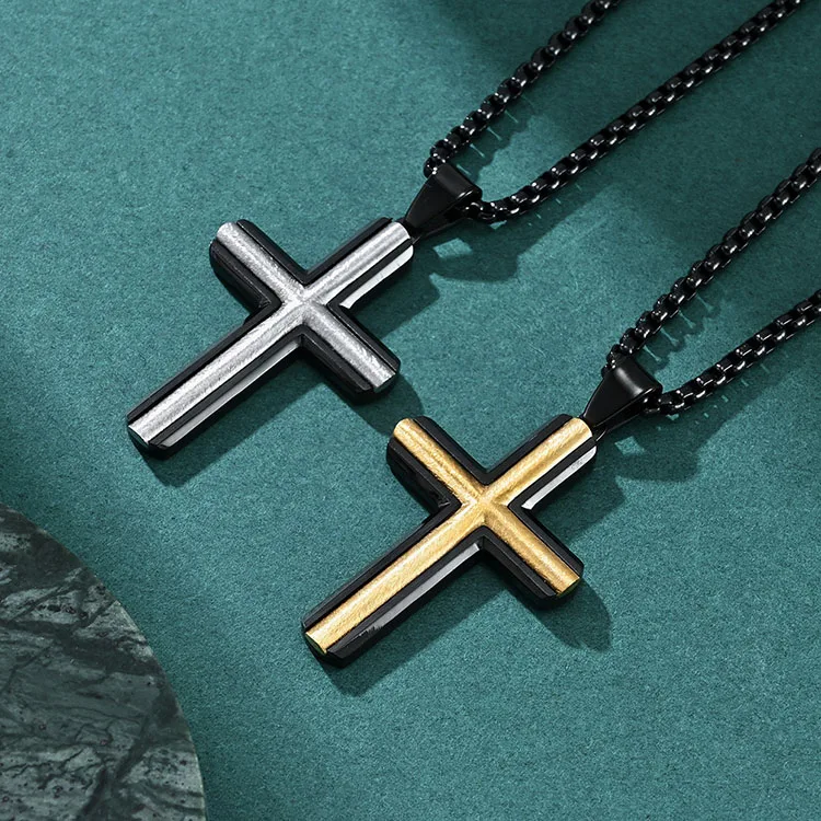 Custom Wholesale Men Black Gold Plated Stainless Steel Italian Jewelry Personalized Religions Cross Pendant Necklace