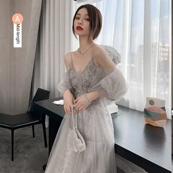 Grey Glittering  Bridesmaid Wedding Dress Women Fairy 2021 Sisters Long Flare Satin Tulle Evening Dress