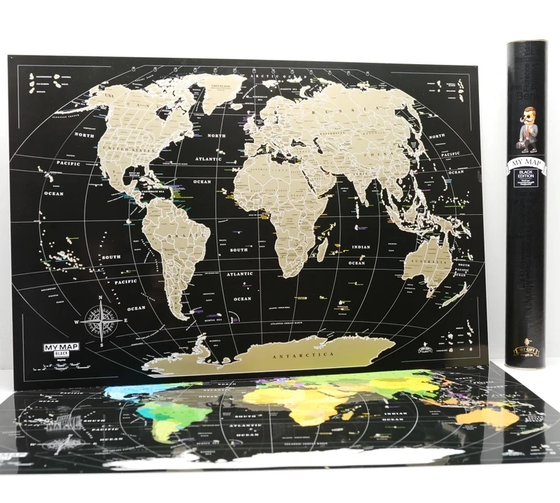 Housewarming gift Wanderlust Gift  Large Deluxe Black Gold World Scratch-Off USA Map Poster