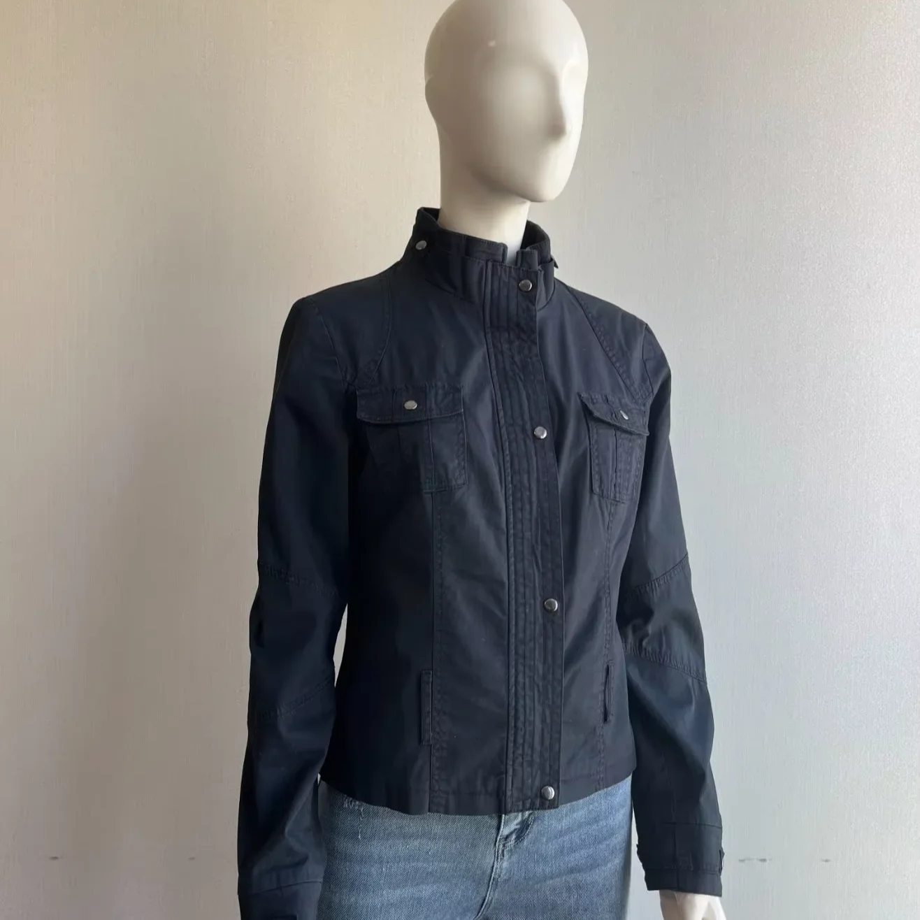 New Women Cotton Stand Collar Casual Versatile Cropped Washed Jacket