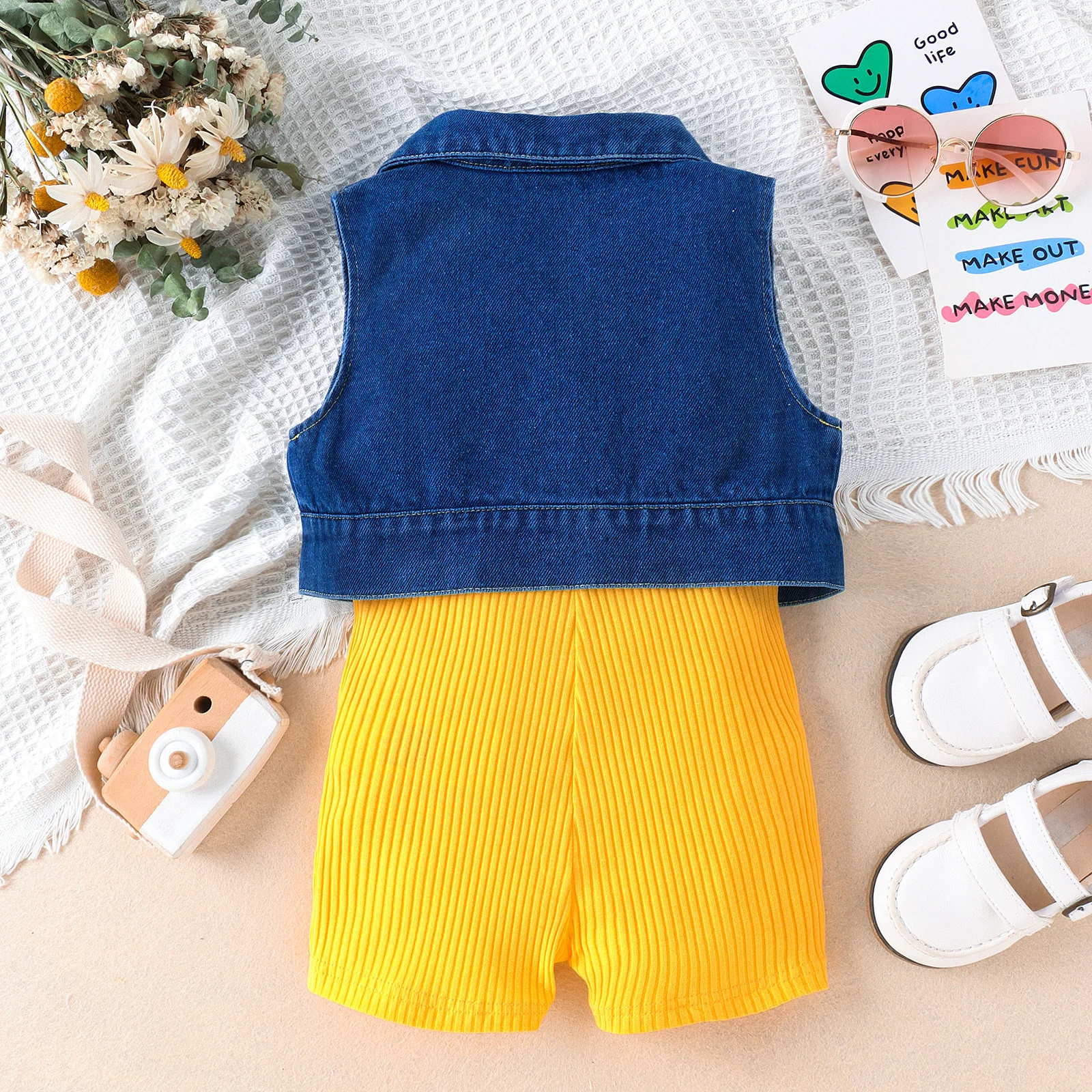 Explosive model Super Fashionable Kids girls clothing Solid color pit strip onesies + denim vests
