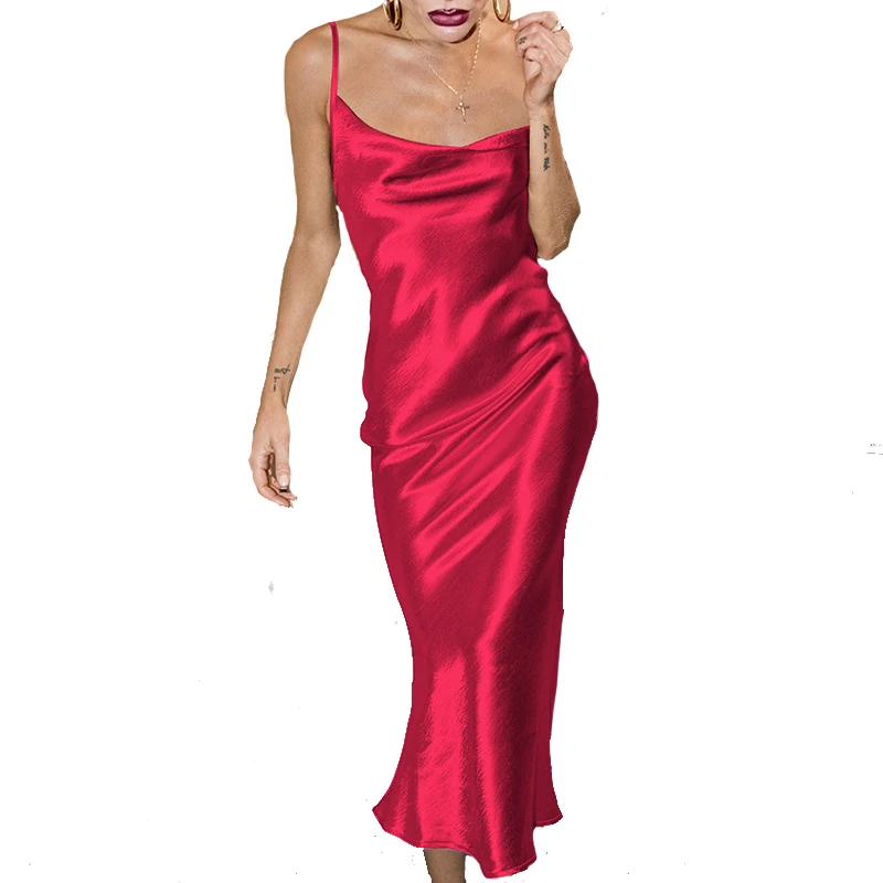 
Sexy Spaghetti Strap Backless Summer Dress Women Satin Lace Up Trumpet Long Dress women dresses elegant 