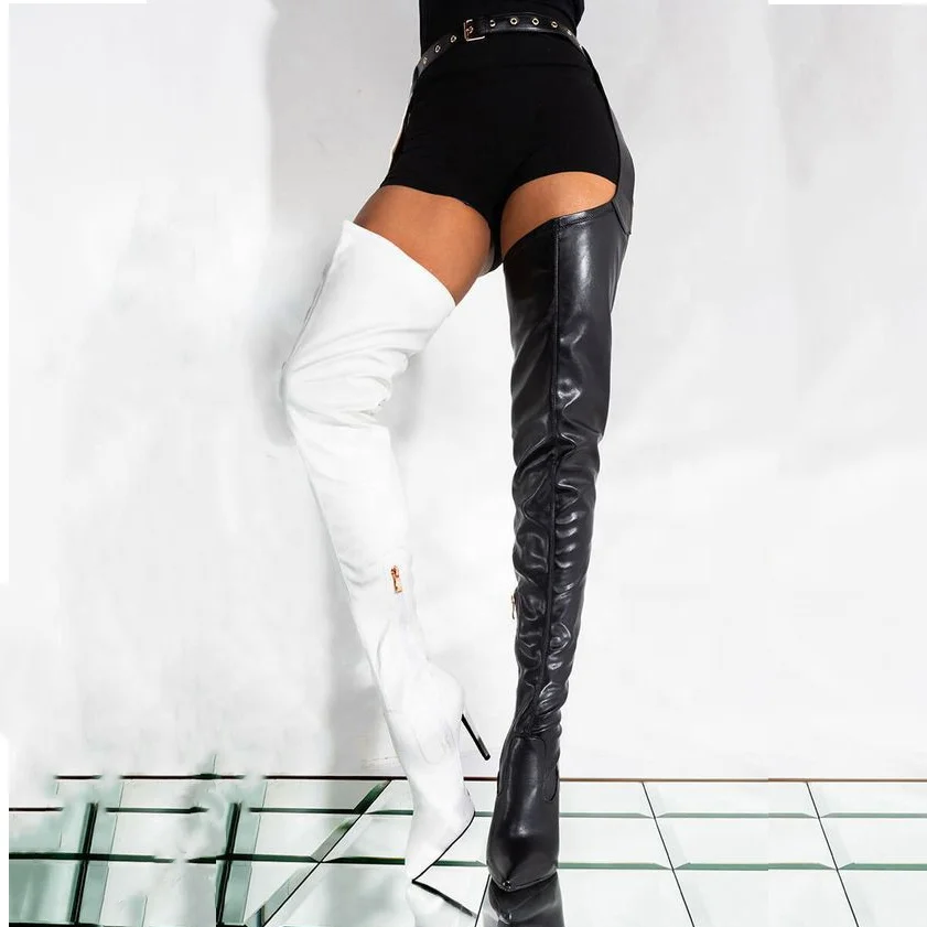 Big Size 45 Leather Side Zipper Women Thigh High Boots Sexy Pointed Toe Stilettos Black and White Over the Knee Boots for Ladies