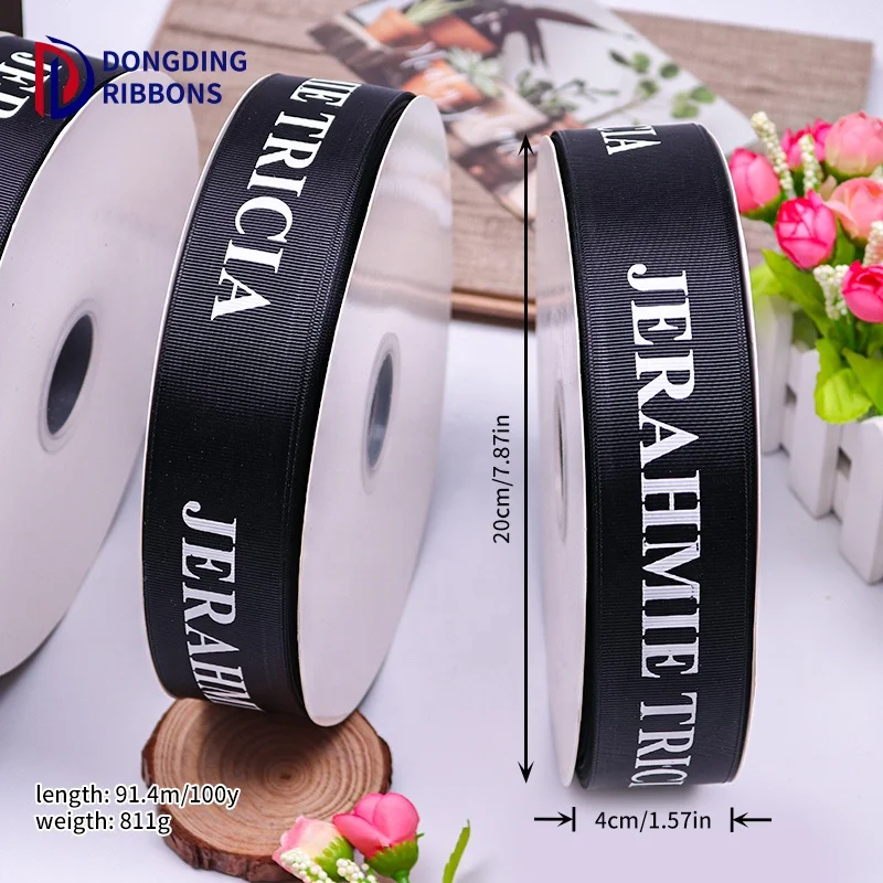 Factory Direct Wholesale  4cm width Satin Ribbon with white Logo for Flower Gift Package Decoration