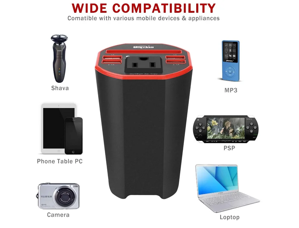 150W DC 12V to 110V AC Outlet Cup Holder Car Converter Adapter with 3.1A Dual Smart Quick USB Charger Car Power Inverter