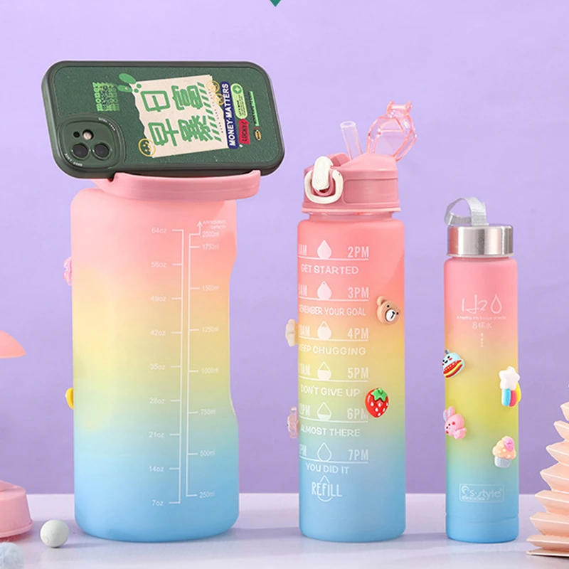 Sports Water Bottle 3pcs/set Motivational Water Bottle For Male Female Set 2000ml 900ml 280ml Portable Reusable Summer Cups