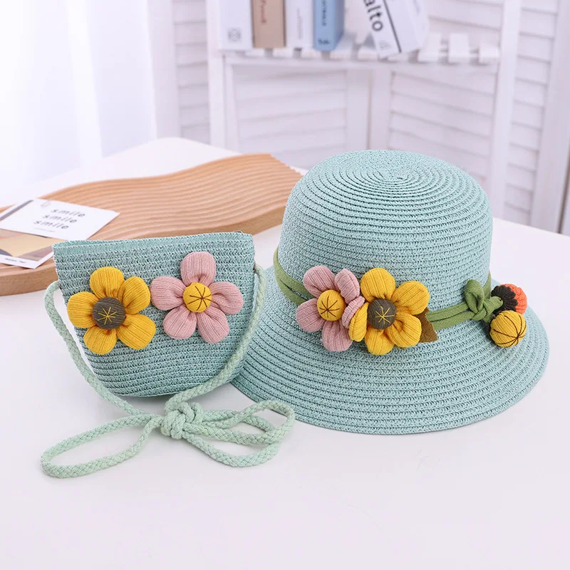 Summer Wholesale Matching Beach Double Flower Shade Lovely Princess Family Crossbody Straw Hats And Bag Sets