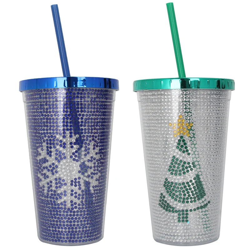 Food grade wholesale promotional custom christmas insert 24oz double wall plastic drinking glitter tumbler cups with straw
