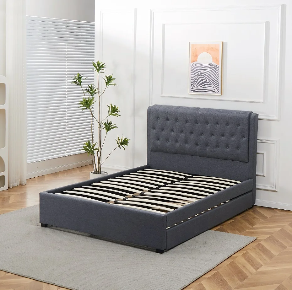 Modern Good Quality Dark Grey Linen Fabric Twin Single Bed Frame With Trundle Bottom Beds For Bedroom Furniture