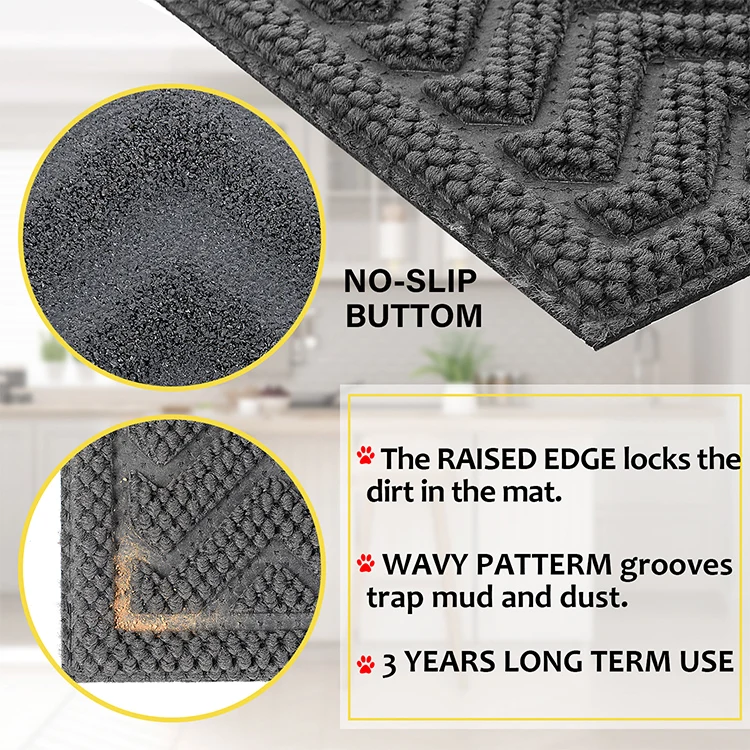 Home Outdoor Indoor Rubber Doormat Classic Squares Grey Polypropylene Door Mat With Embossed