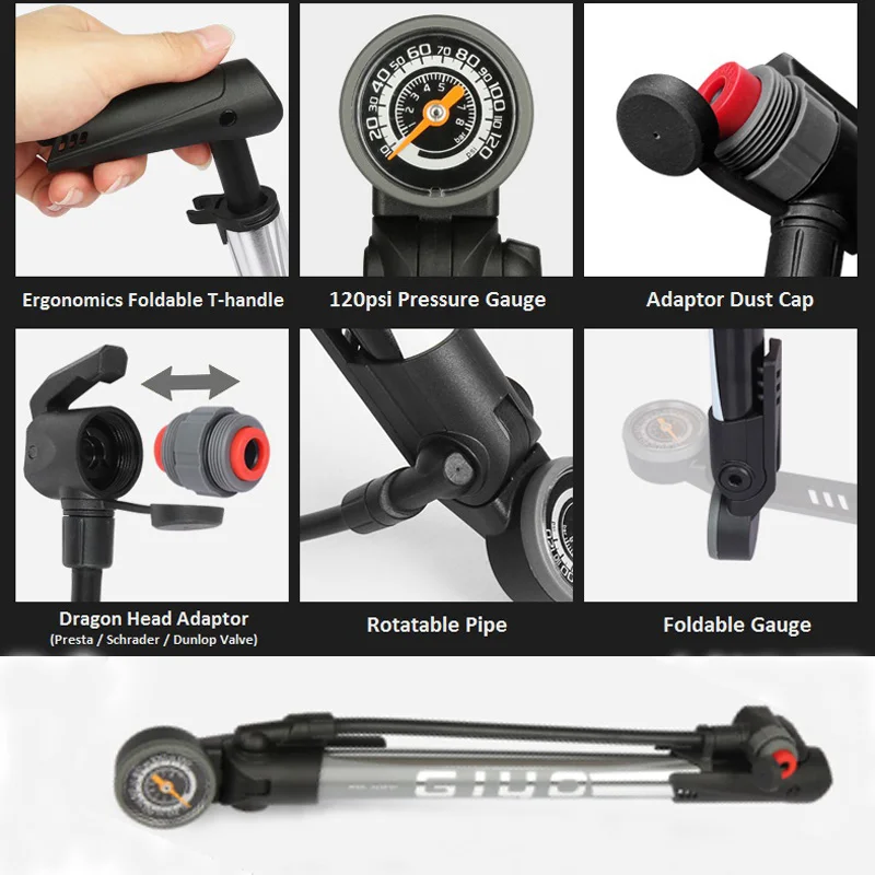 120 PSI GIYO Bike Air Pump with Pressure Gauge Mini Portable Bicycle Tire Pump fits Presta Schrader Dunlop Valve MTB Bike Pump