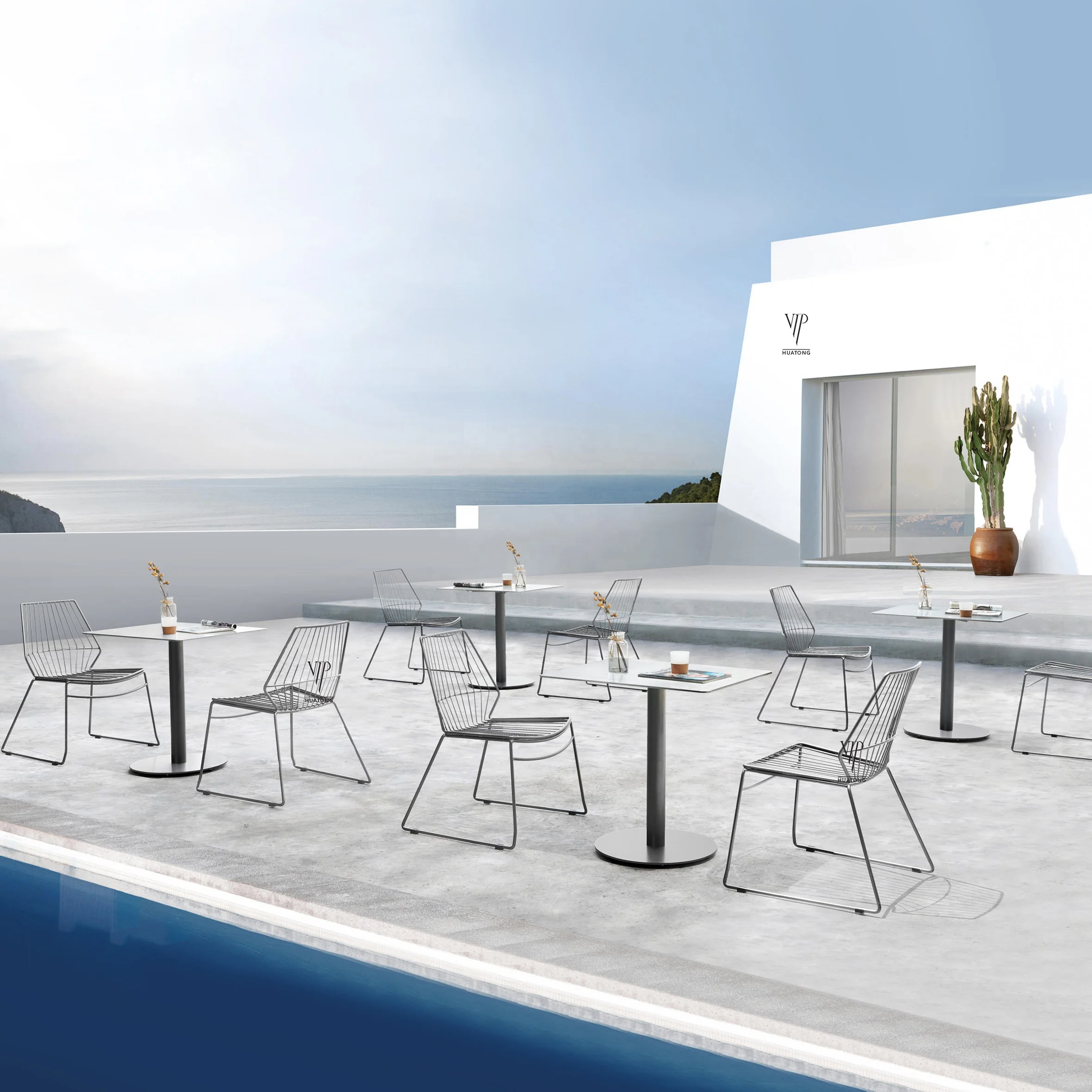 modern customized industrial furniture metal iron cafe square pub solid steel restaurant table and mesh chairs