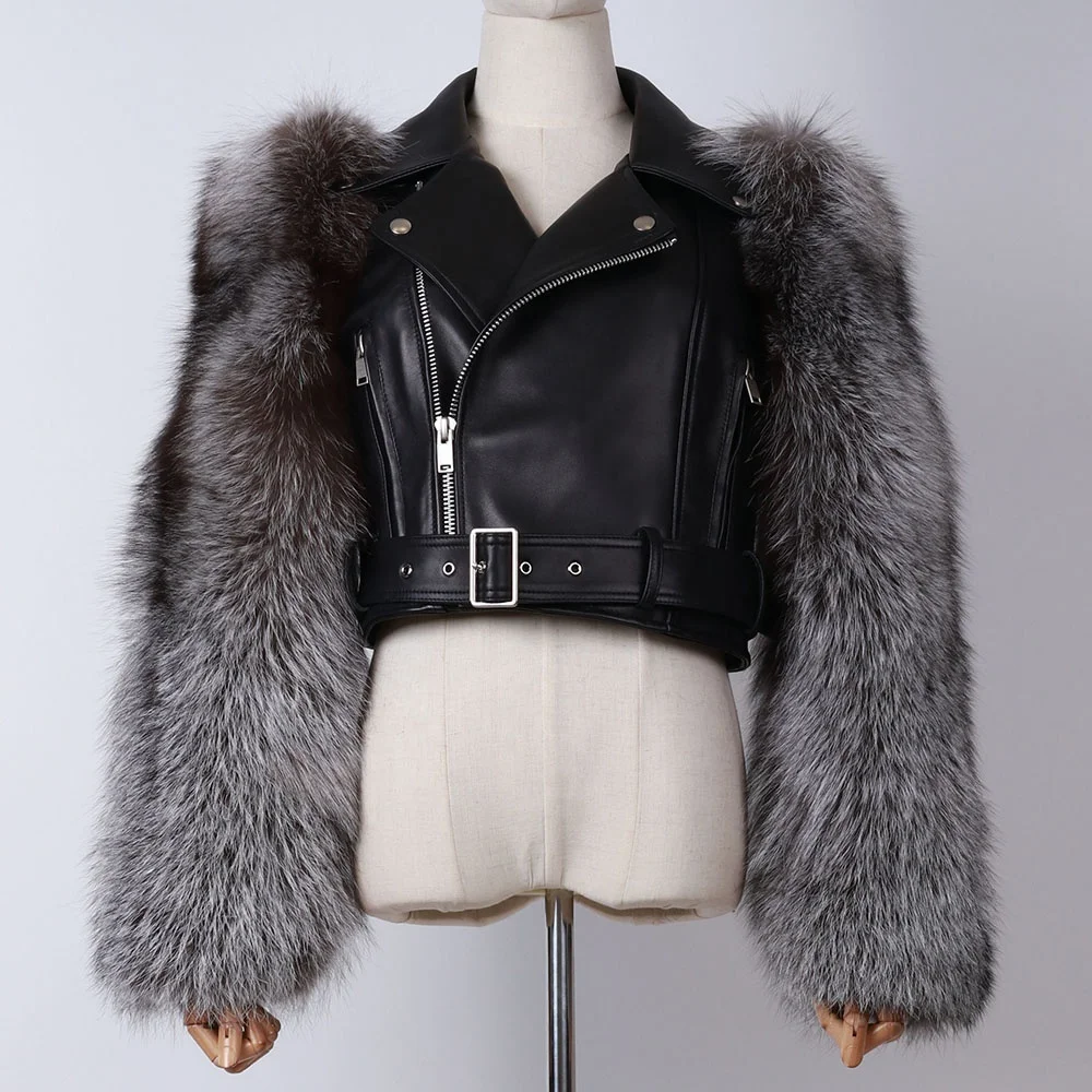 Red lambskin leather cropped jacket women leather biker jacket leather real fox fur jacket