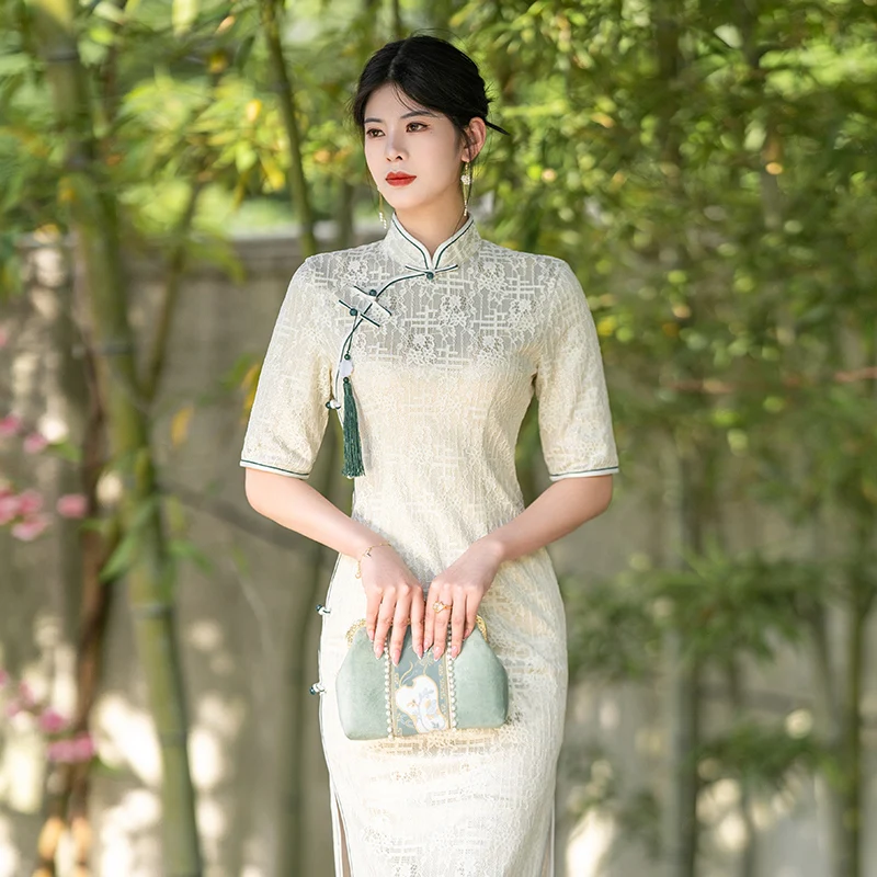 Modailan New arrivals light green elegant slim dresses long style Cheongsam Women Chinese Qipao Dress
