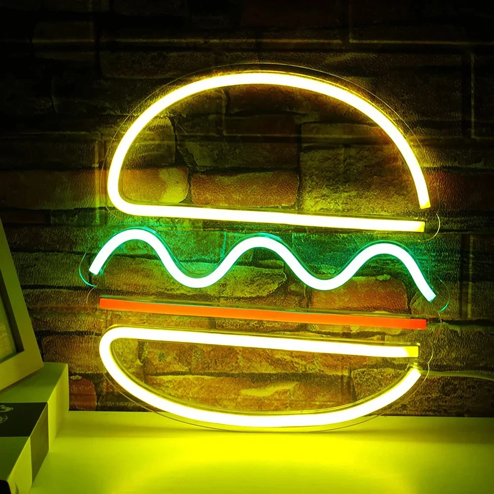 Customizable All-Kinds Catering Neon Sign Burgers Fries Colorful AC/LED Light Source Stand Outdoor Stores Decoration
