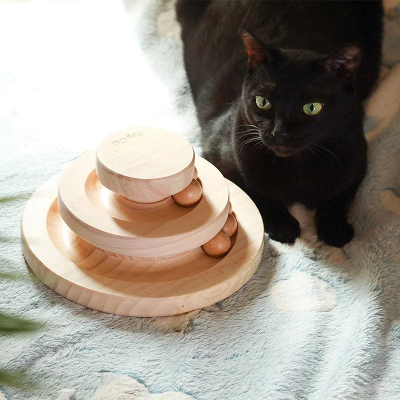 Wooden Double Layer Circular Tower Rolling Interactive Cat Toy Chasing Turntable Ball Track Funny Roller