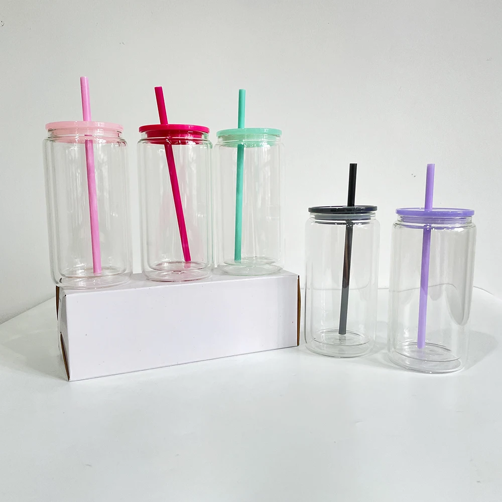 Reusable Coffee pre drilled hole snow globe beer 12oz 15oz sublimation double wall beer can glass with plastic lid and straw